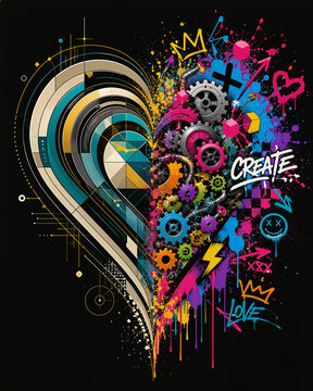 Heart Shape with Gears and Splatter Paint Illustration