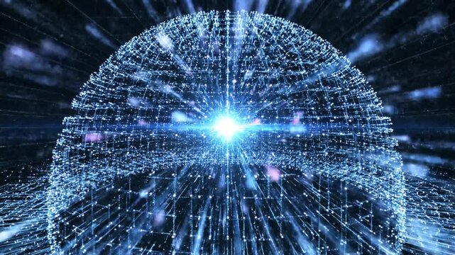 Abstract digital sphere tunnel with glowing blue light particles moving fast