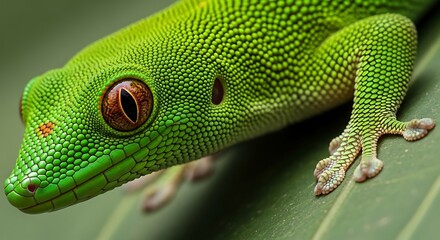 Naklejka premium Bright Green Gecko Resting on Tropical Leaf in Close Up Macro View