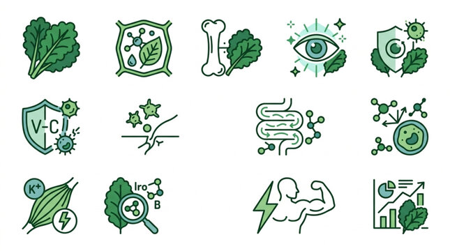 Collection of health and wellness icons representing nutrition and body functions.