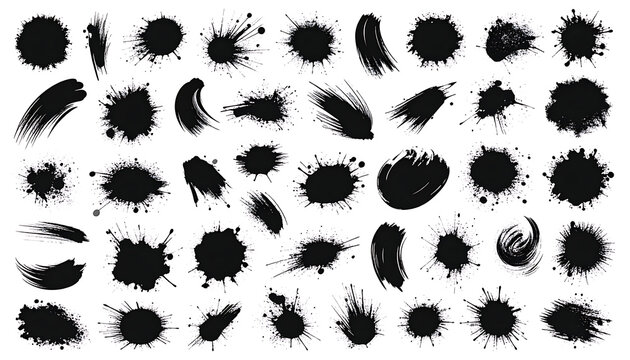 collection of black ink splashes and brush strokes, abstract grunge elements for design, vector splatter and paint smudges