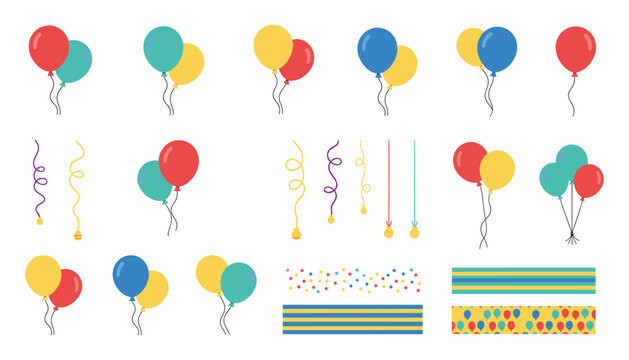 Celebration party decorations with colorful floating balloons and streamers vector illustration set.