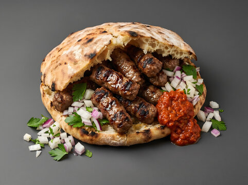 Traditional Balkan cevapi in somun flatbread with ajvar pepper relish and chopped onions on grey background