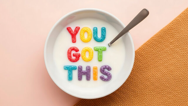 Colorful letter cereal spells Y O U G O T H I S in milk in white bowl breakfast letters alphabet