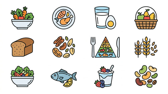 Collection of healthy food icons representing a balanced diet.