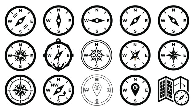 Set of compasses, navigation tools, orientation, travel, exploration, direction vector illustration.