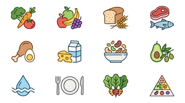 Collection of Healthy Food Icons Representing Different Food Groups.