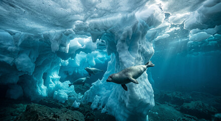 Obraz premium Submerged seals' ethereal ballet beneath a majestic frozen ceiling