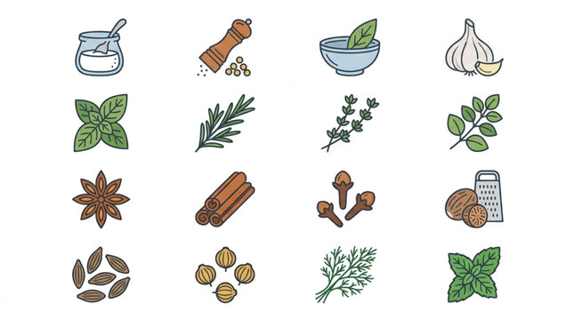 Collection of Herbs and Spices in Hand Drawn Style.