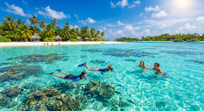 Joyful ocean discovery and sunlit relaxation at a pristine Maldives resort