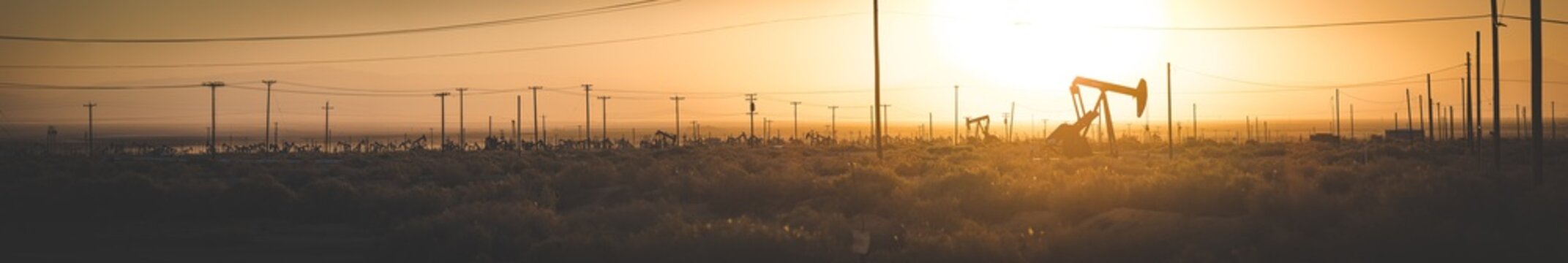 Oil field at sunset with pump jacks and power lines