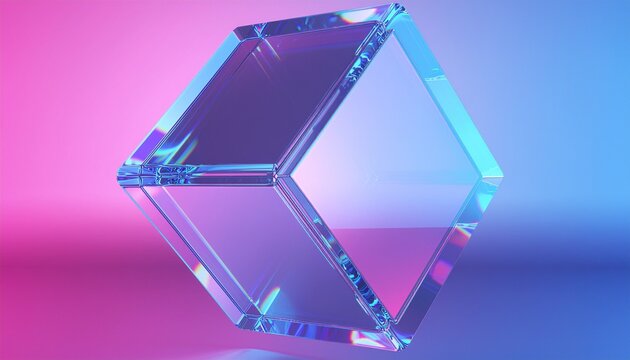 Abstract transparent glass cube floating against a soft pink and blue gradient background with three dimensional