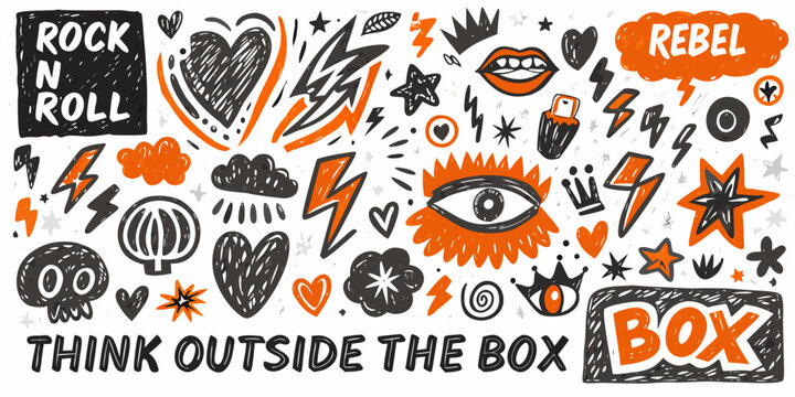 Punk rock themed vector doodle collection with lightning bolts and hearts