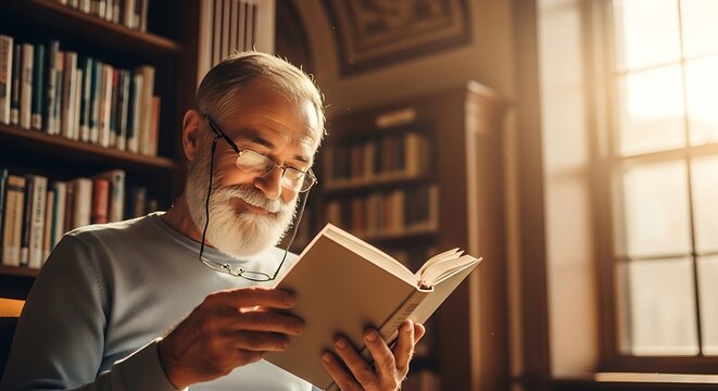 Senior man reading book in library.