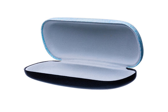 Open blue hard shell eyeglass case isolated