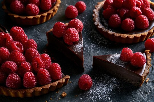 Chocolate raspberry tart slices on dark slate with moody lighting and sharp focus for gourmet patisserie branding and culinary marketing
