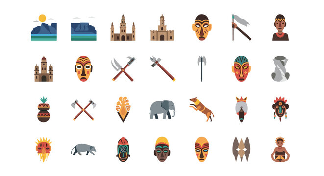 African cultural icon collection featuring traditional masks landscapes wild animals and various historical symbols.