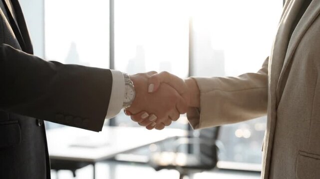 Business people shaking hands in modern office, celebrating successful partnership, deal, agreement, and cooperation