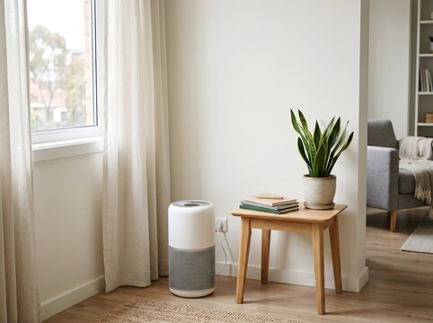 A bright apartment corner with a portable air purifier, side table, books, indoor plant, and curtains, showing clean air, indoor wellness, renter-friendly living, and healthy home habits.