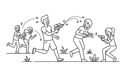 Obraz premium A group of happy children and teenagers playing with water guns outdoors.