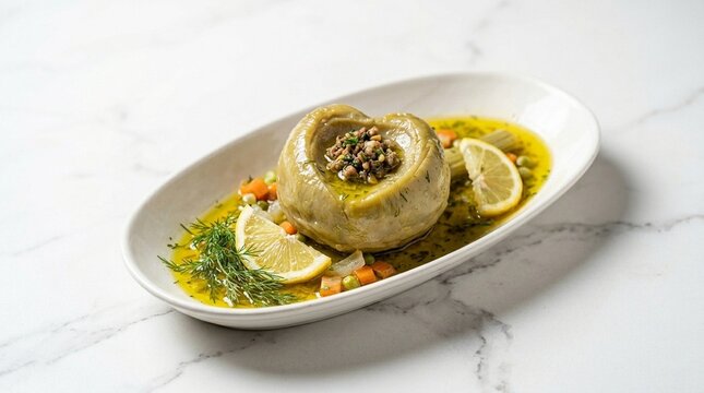 Zeytinyağlı Enginar Braised Artichoke in Olive Oil and Lemon on White Plate - Turkish Cold Vegetable Meze Commercial Food Photography