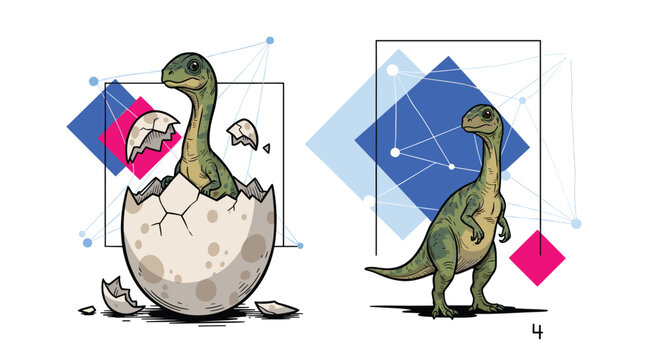 Cute illustration showing a baby dinosaur hatching from a spotted egg next to a full grown long neck dinosaur figure.