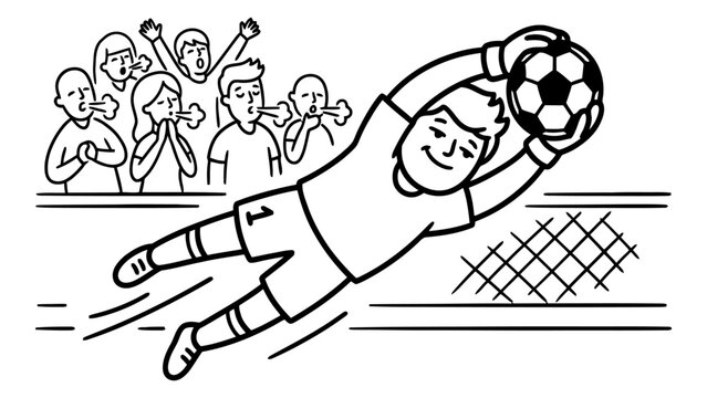 A black and white line drawing depicting a soccer goalkeeper catching a ball mid-air while spectators behind him exhale in relief. The scene captures a humorous and tense moment during a football matc