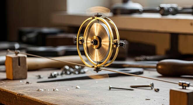 Intricate metal gyroscope spinning on a wooden surface with workshop tools