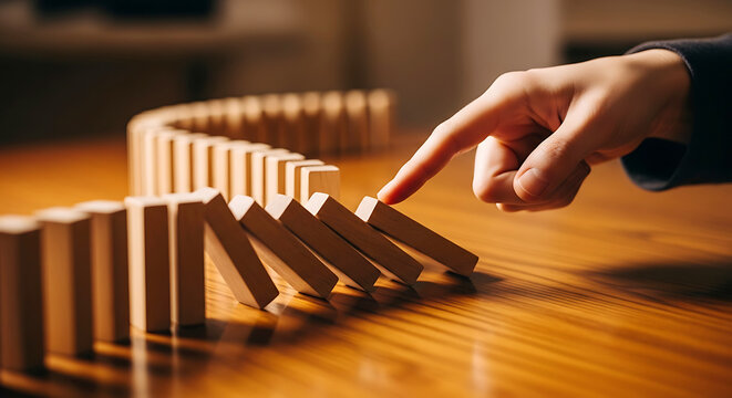 Finger pushing wooden dominoes in a curved line on a wooden table image