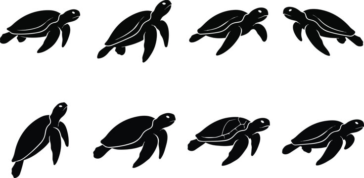 Black silhouette vector illustration set featuring eight different swimming sea turtles captured in various poses isolated on a plain white background for versatile creative design projects.