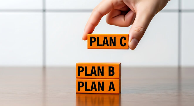 Hand placing orange block with text Plan C on stack of blocks Plan B Plan A image