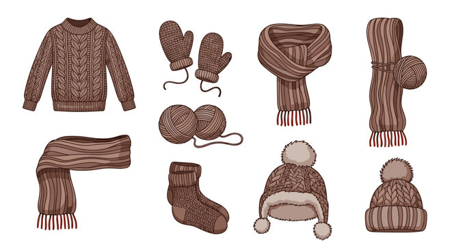 Cozy winter knitwear collection featuring a brown cable-knit sweater, warm scarves, mittens, wool socks, and pom-pom hats.