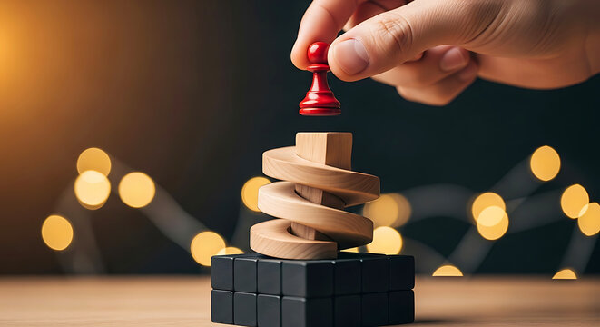 Hand placing red chess pawn on wooden spiral structure with bokeh lights image