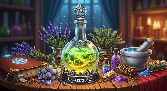 Glowing Herbal Potion Bottle Arranged with Lavender and Mortar on Fantasy Apothecary Table
