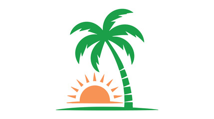 Fototapeta premium Palm Tree Illustration with Green Fronds, Striped Trunk, and Orange Sun Over a Grassy Island Featuring Tropical, Sunshine, Grass with Beach