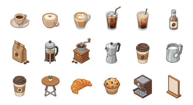 Collection Of Coffee Related Objects Vector Illustration With A White Background cappuccino espresso latte