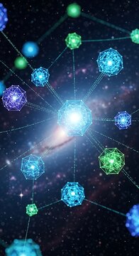 Glowing Abstract Network Spheres Connected in Deep Space Background