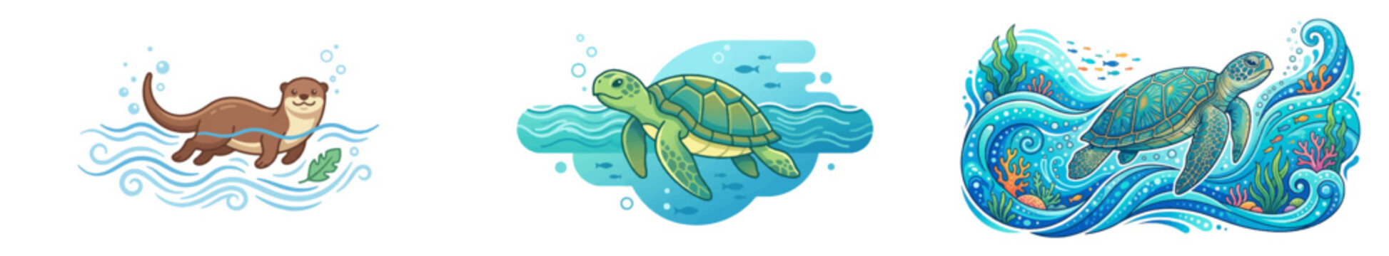 Cartoon otter swimming with sea turtle and coral reef background