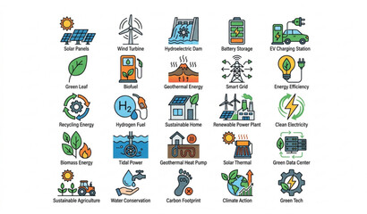 Fototapeta premium Renewable Energy Icons Set with Solar Wind Hydro and Sustainable Power Symbols Vector Collection