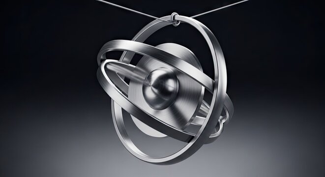 Metallic gyroscope on dark background conceptual design for science and technology
