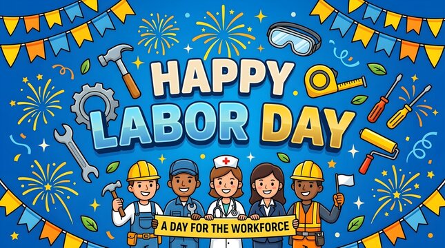 Labor Day celebration illustration with diverse workers and festive background in vibrant colors