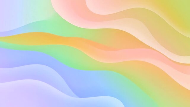 Smooth, flowing fluid waves in soft pastel tones of orange, yellow, green, and blue slowly drift across the frame. This minimal, colorful graphic background loop is perfect for modern presentations an