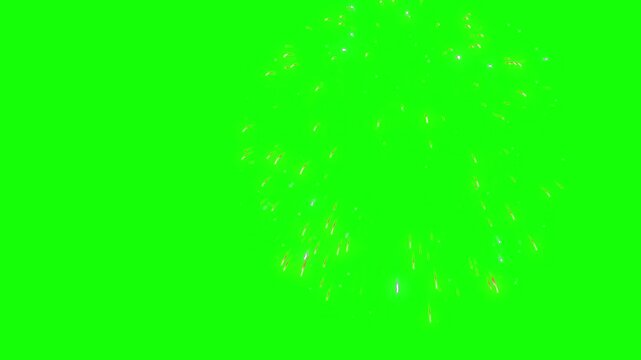 Fireworks explode in a radial pattern against a bright green screen to allow for easy removal and integration into various celebratory video production projects.