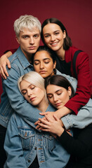 Fototapeta premium A group of young adults embracing closely, symbolizing unity, friendship, and closeness against a solid red background, evoking connection.