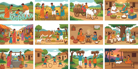 Obraz premium Traditional Indian village life farming family routine and rural community culture scenes vector illustration collection