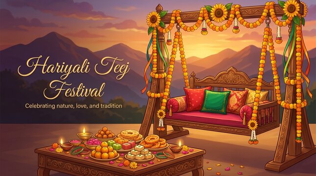 Happy Hariyali Teej Festival Poster Design with A festive beautifully adorned marigold decorated swing (jhula) and diya lamps with intricate floral