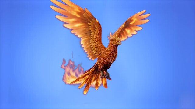 A majestic 3D animated golden phoenix firebird flaps its wings and hovers with glowing flames trailing from its feathers. This mythical creature asset is isolated on a solid blue background.
