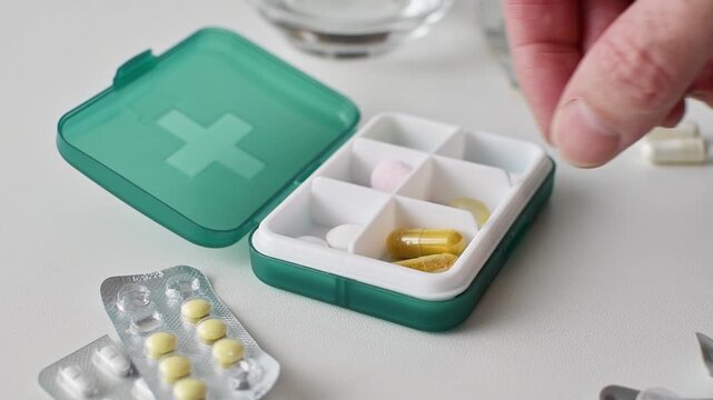 Person places capsules and tablets into travel pill organizer at home to prepare medication routine and manage daily dosage.