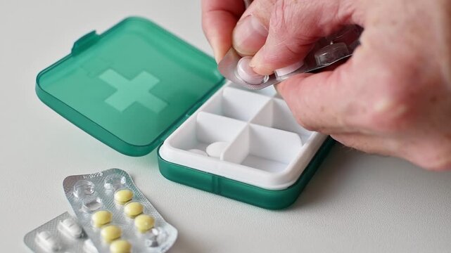 Person fills travel pill organizer with tablets from blister packs at home to prepare medication routine and manage dosage.