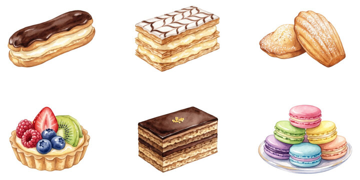 watercolor set of traditional french desserts including macarons mille-feuille and fruit tart on a transparent background